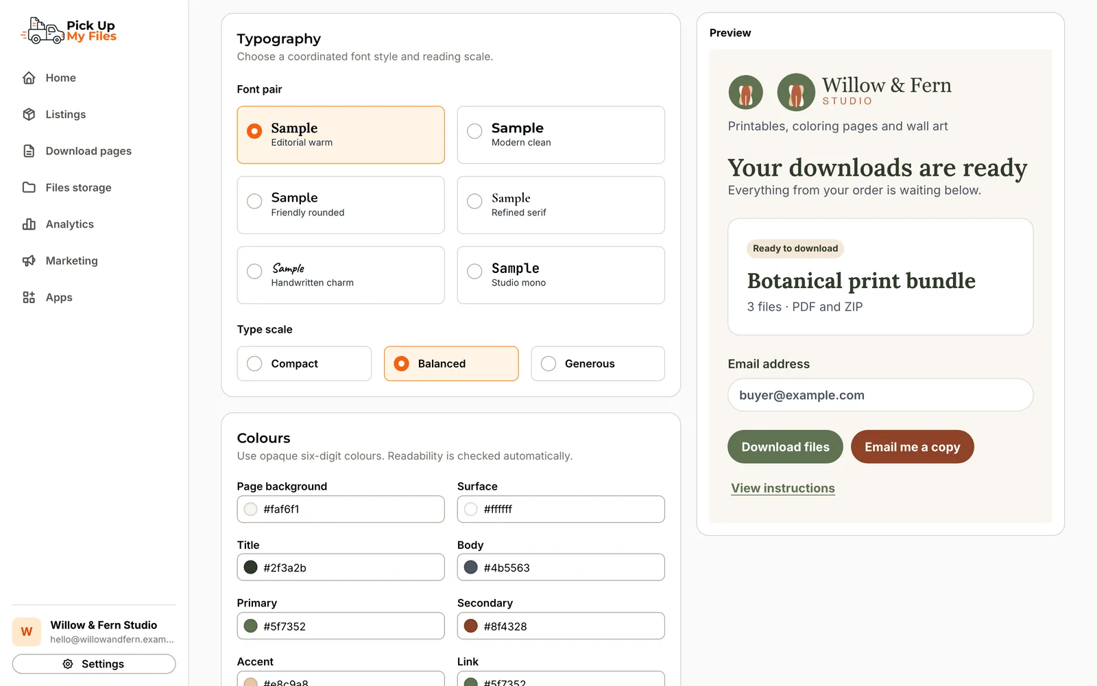 Brand Kit font pairs and type scale with a live preview.