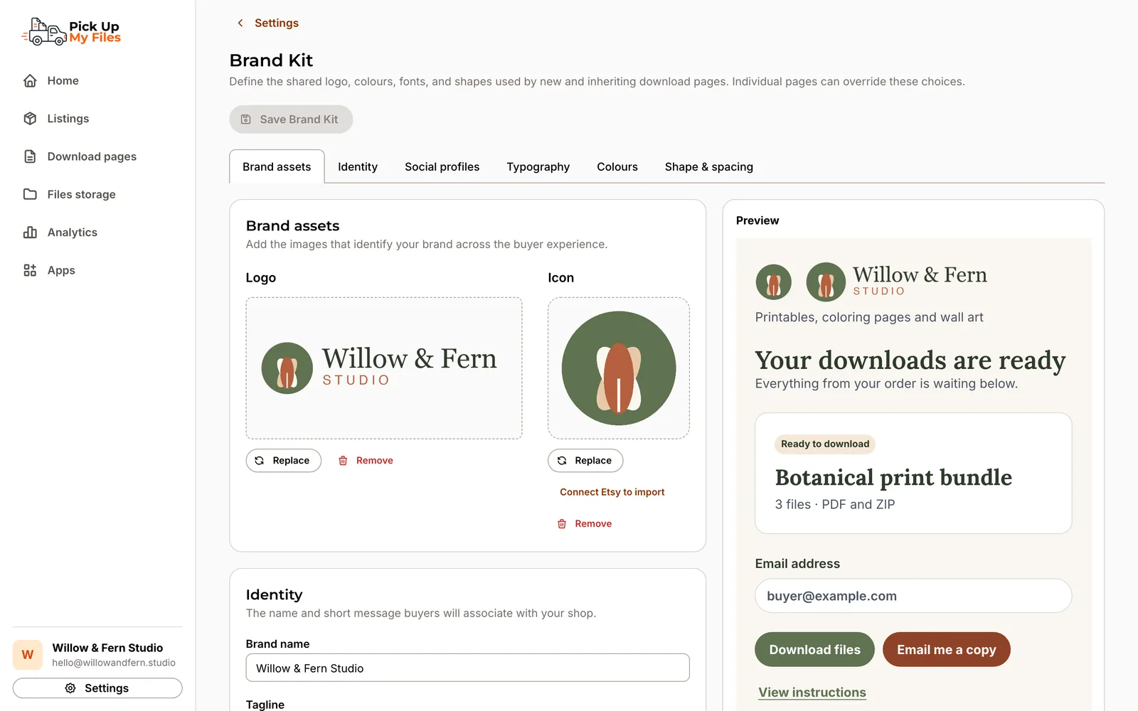 The Brand Kit with a shop logo, icon, name and a live preview of the download page.