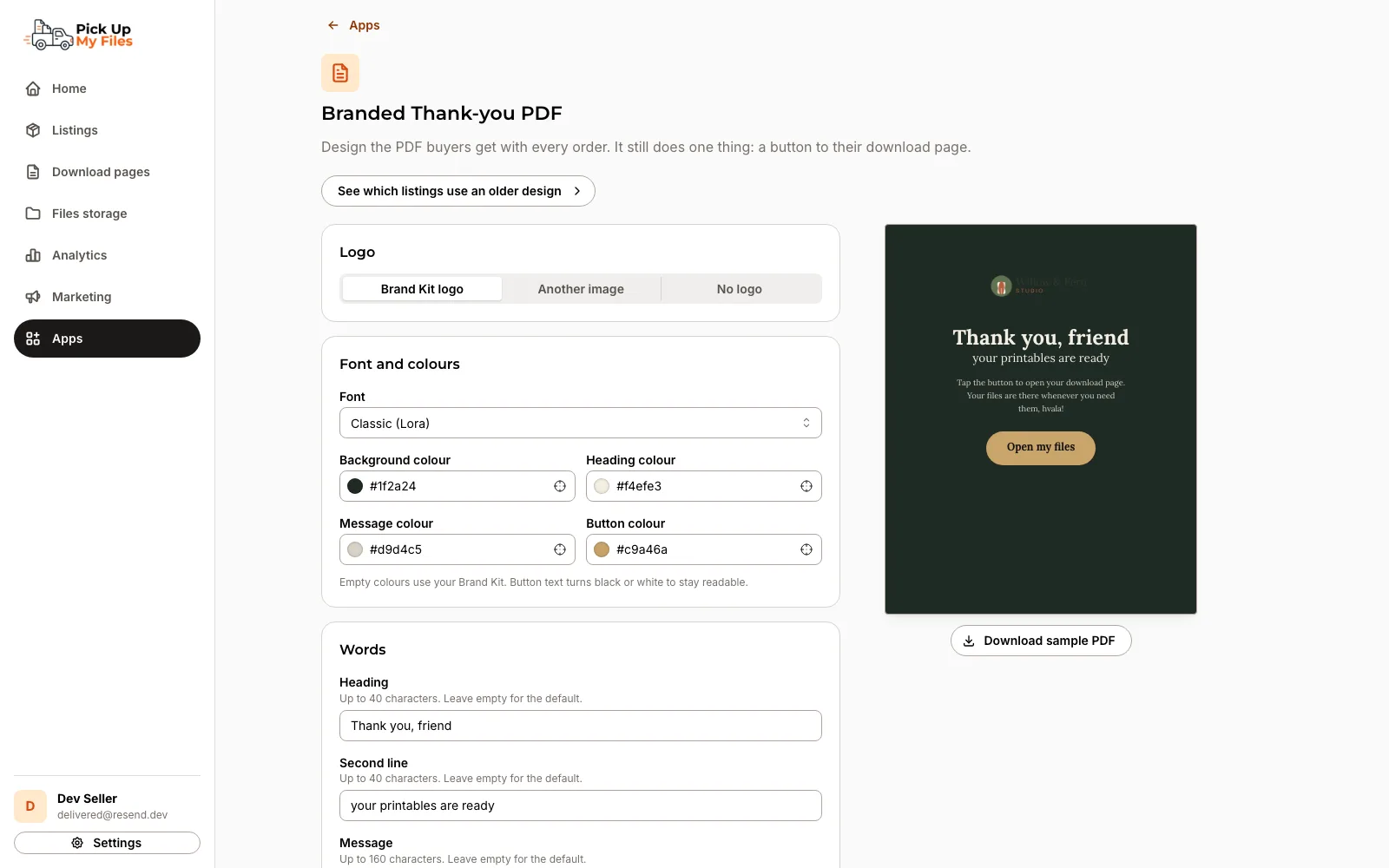 The Branded Thank-you PDF settings with logo, font and colour choices beside a live preview of the PDF.