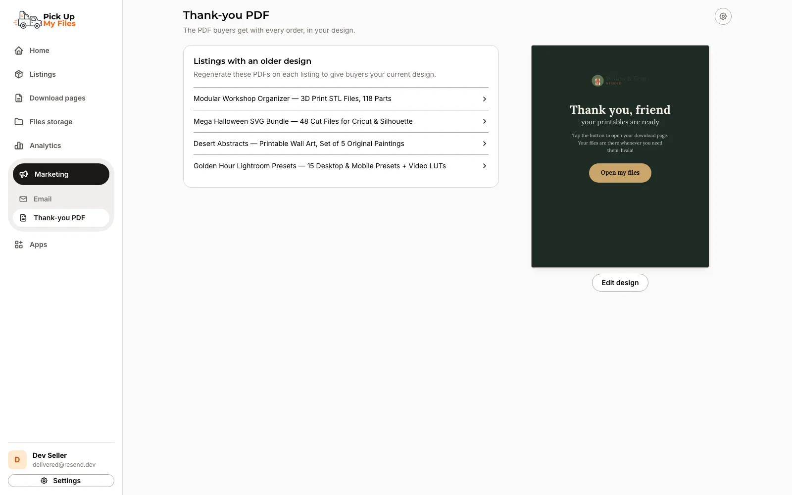 The Thank-you PDF page under Marketing listing the listings whose PDF uses an older design.