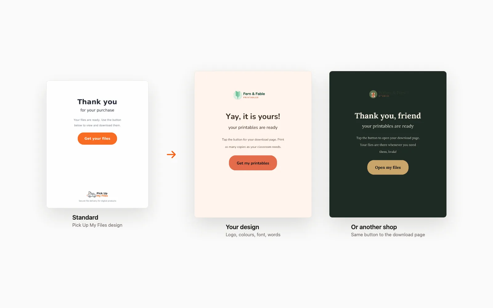 The standard Thank-you PDF next to two branded versions with a shop logo, colours, font and a custom message.