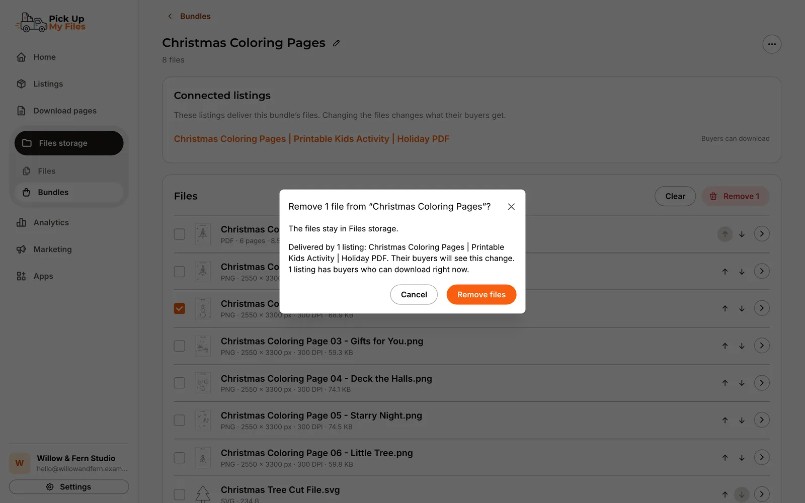 A warning before removing a file from a Bundle that names the listing whose buyers will see the change.