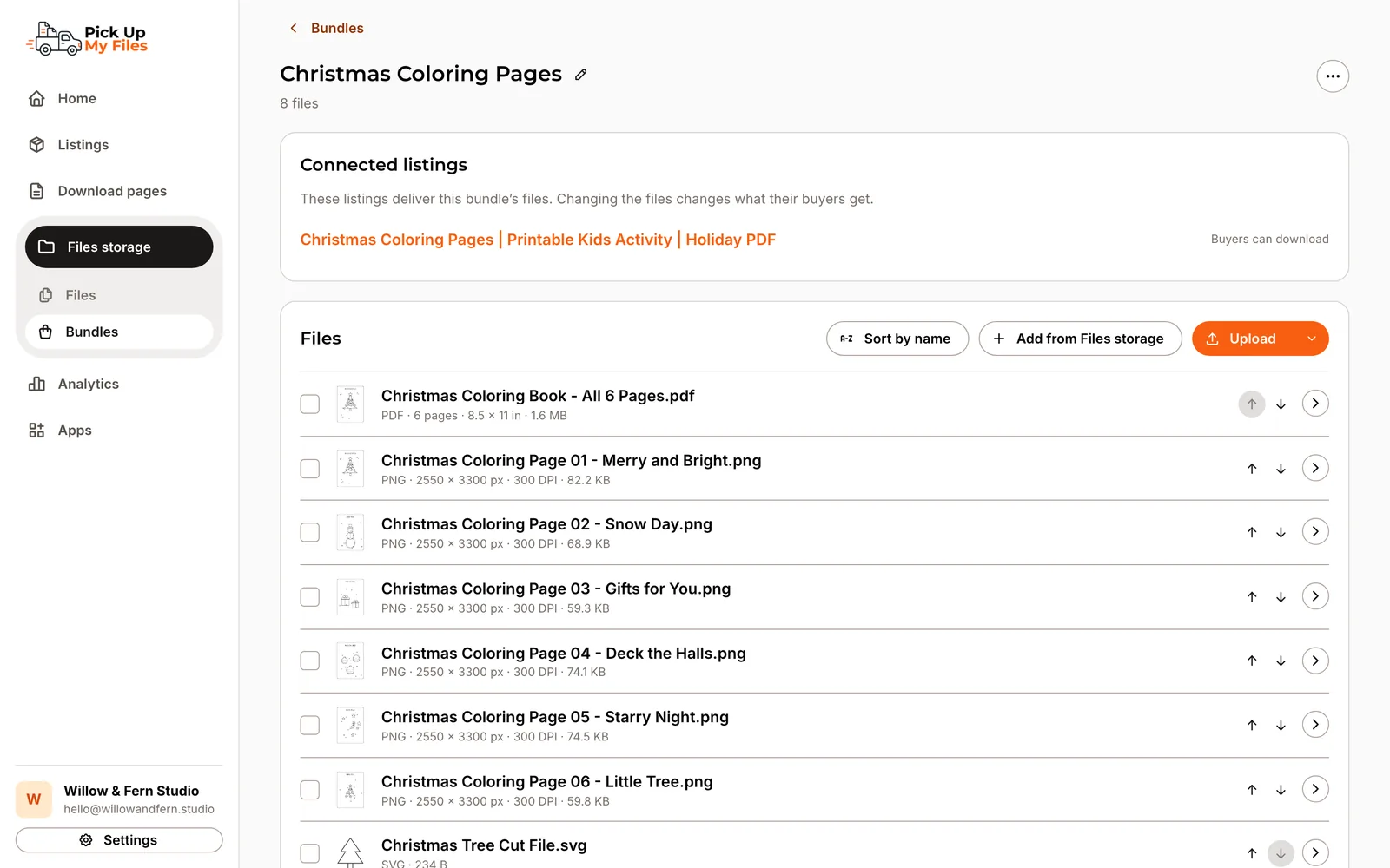 A Bundle of Christmas coloring pages with its files in order and the Etsy listing that delivers it.