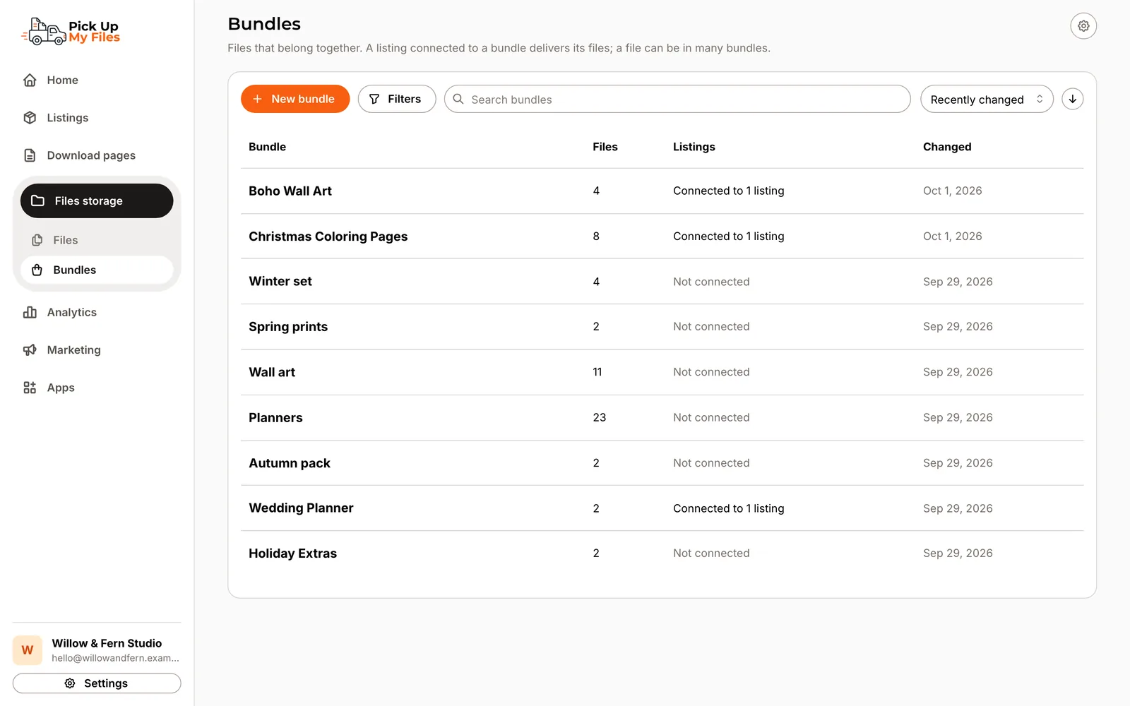 The Bundles list with the number of files in each Bundle and the listings it is connected to.