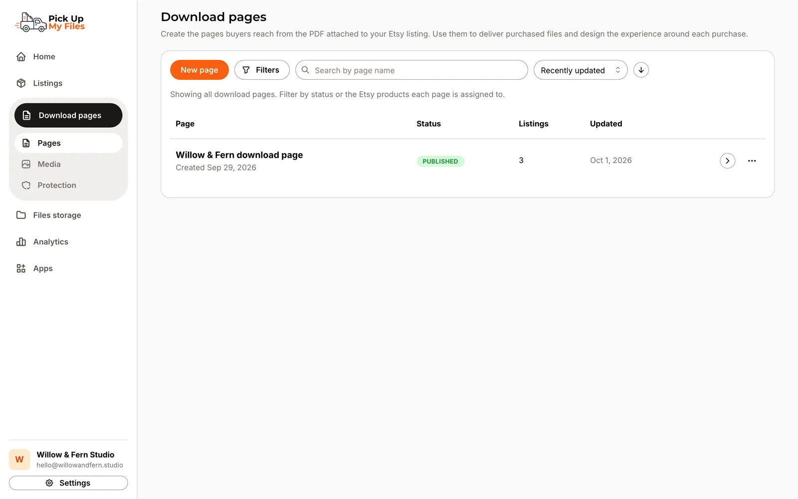 The list of download pages with status and connected listings.