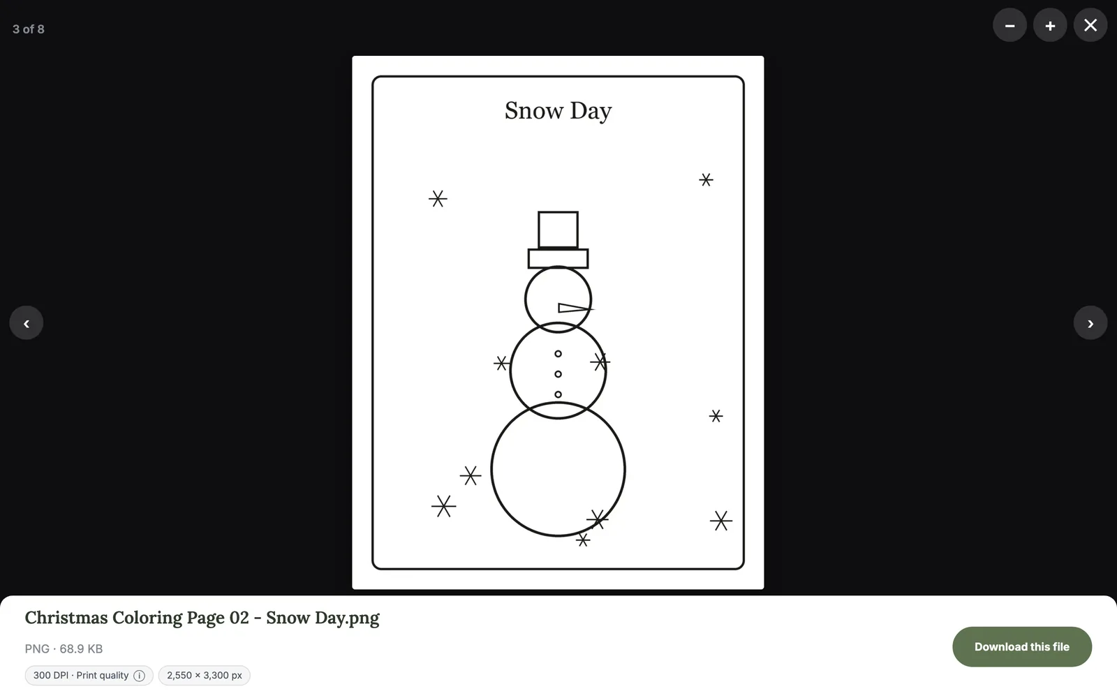 A buyer viewing a coloring page full screen before downloading it.
