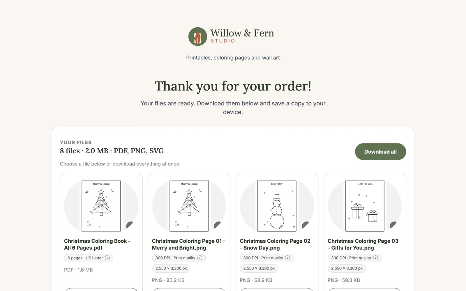A branded buyer download page with Download all and previews of each file.