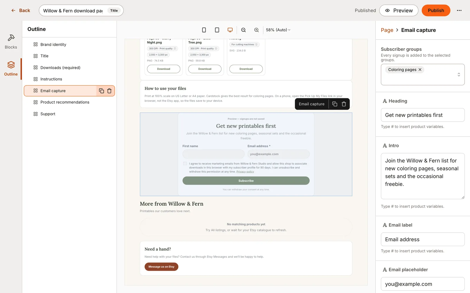 Email capture block settings for groups, fields and button text in the page builder.