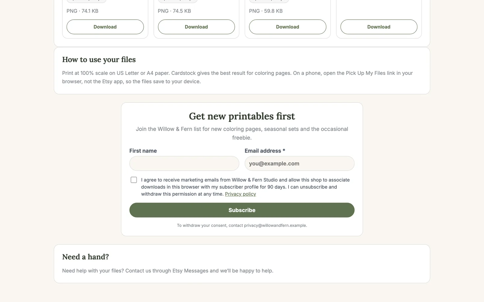 An email signup form with consent on a buyer download page.