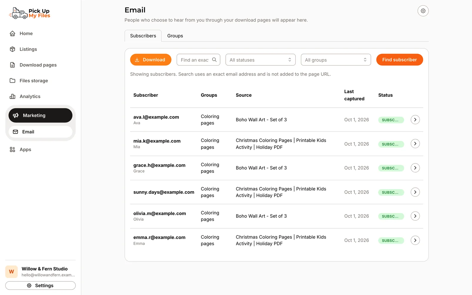 The subscriber list with groups, consent status and CSV or Excel download.