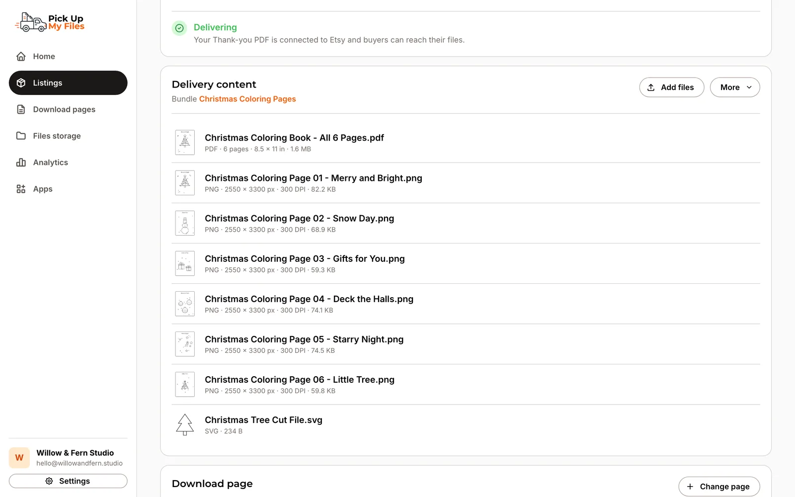 An Etsy listing's delivery files and the download page it uses.