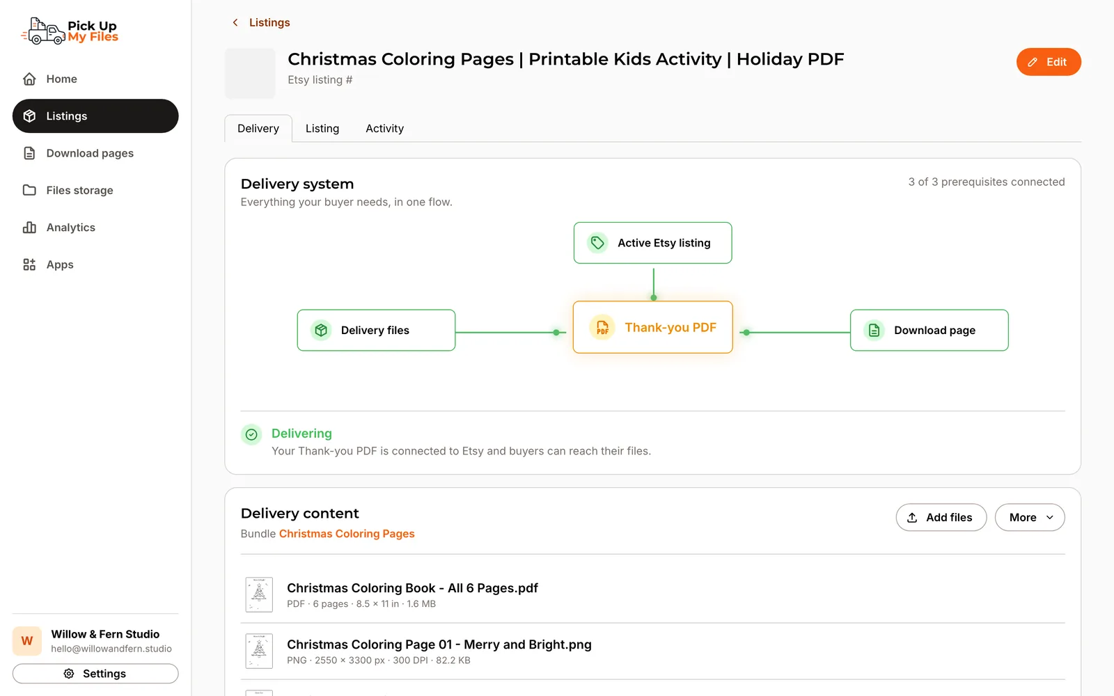 An Etsy listing's delivery status linking its files, thank-you PDF and download page.
