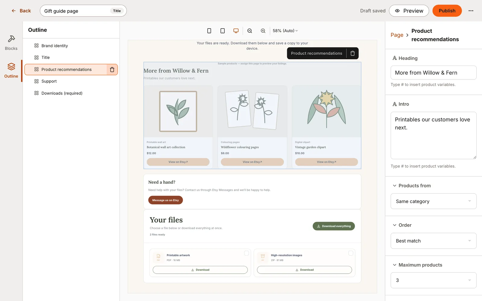 Product recommendations settings for category, order and number of products.