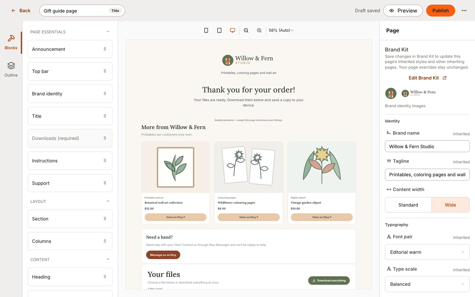 A product recommendations block on a download page in the editor, shown with sample products.