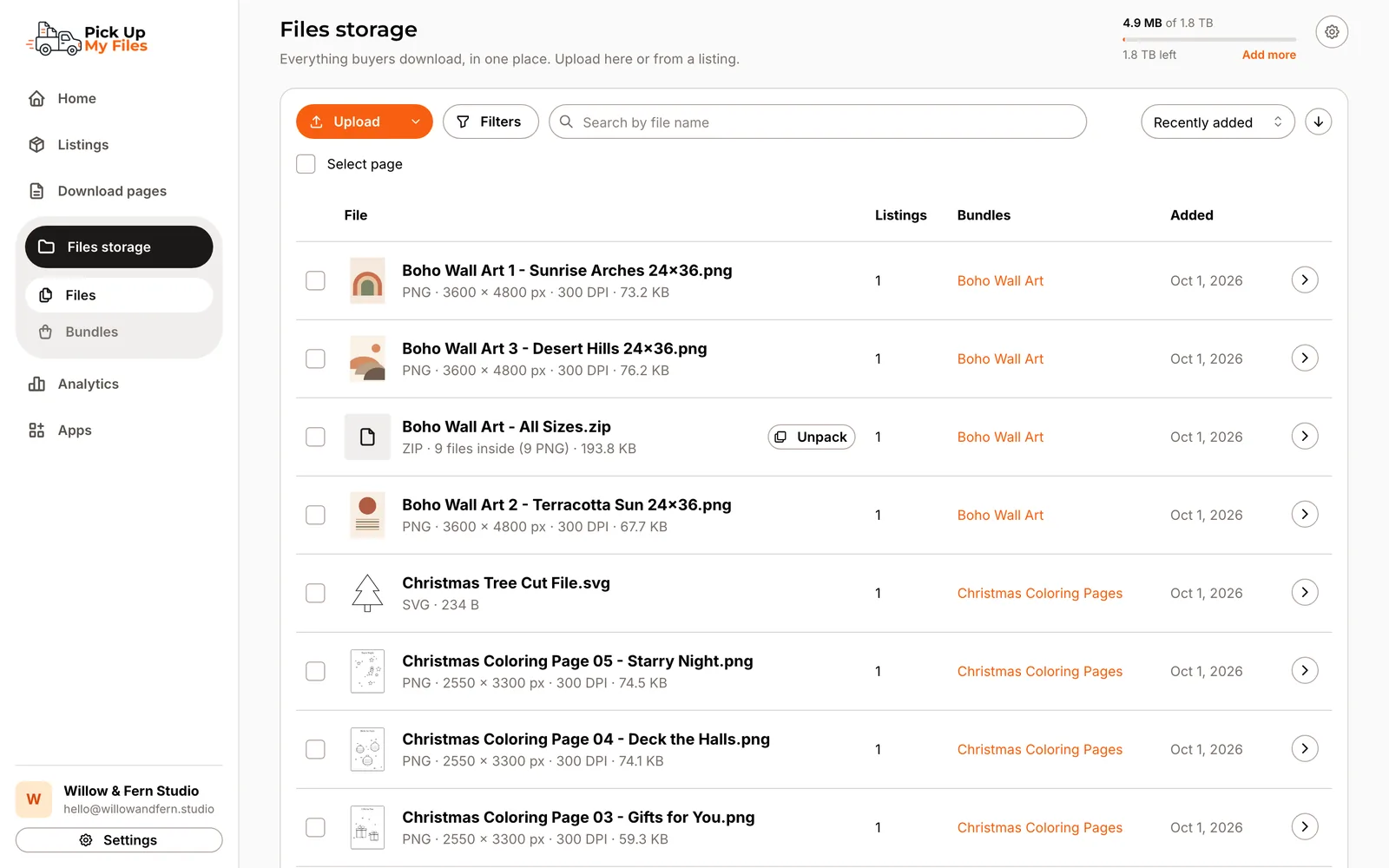 Files storage listing uploaded coloring pages and wall art with their Bundles and listings.