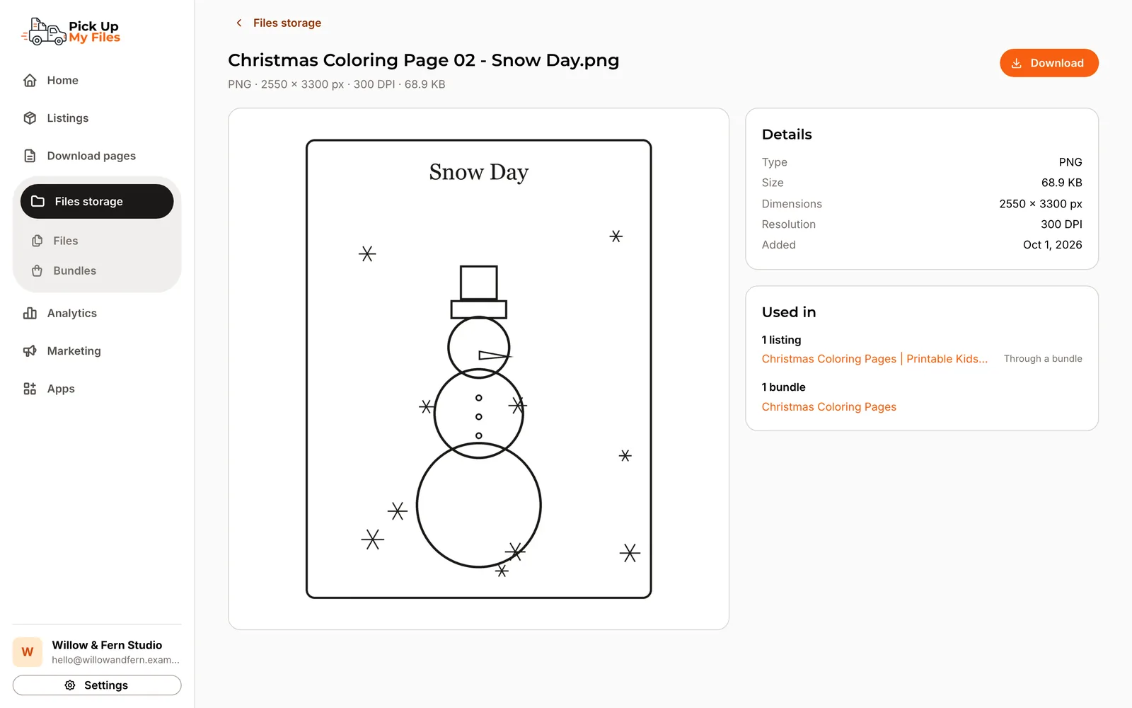 A coloring page in Files storage with a large preview, its details and the listing and Bundle that use it.