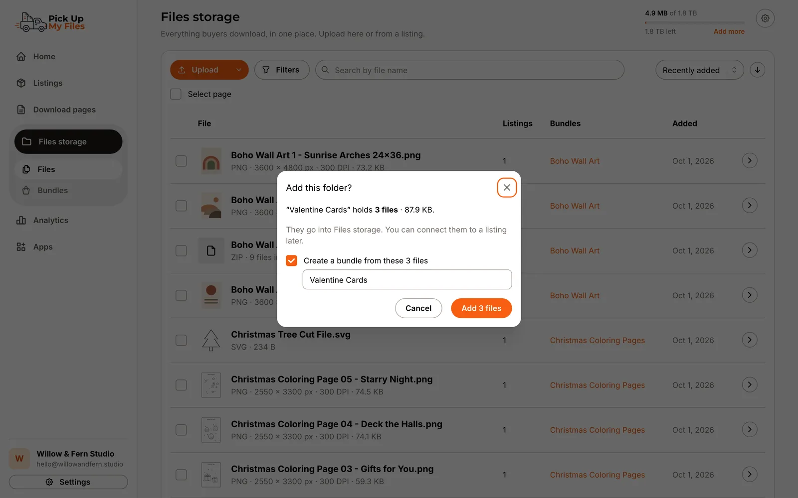 Uploading a folder to Files storage with the option to create a Bundle from its files.