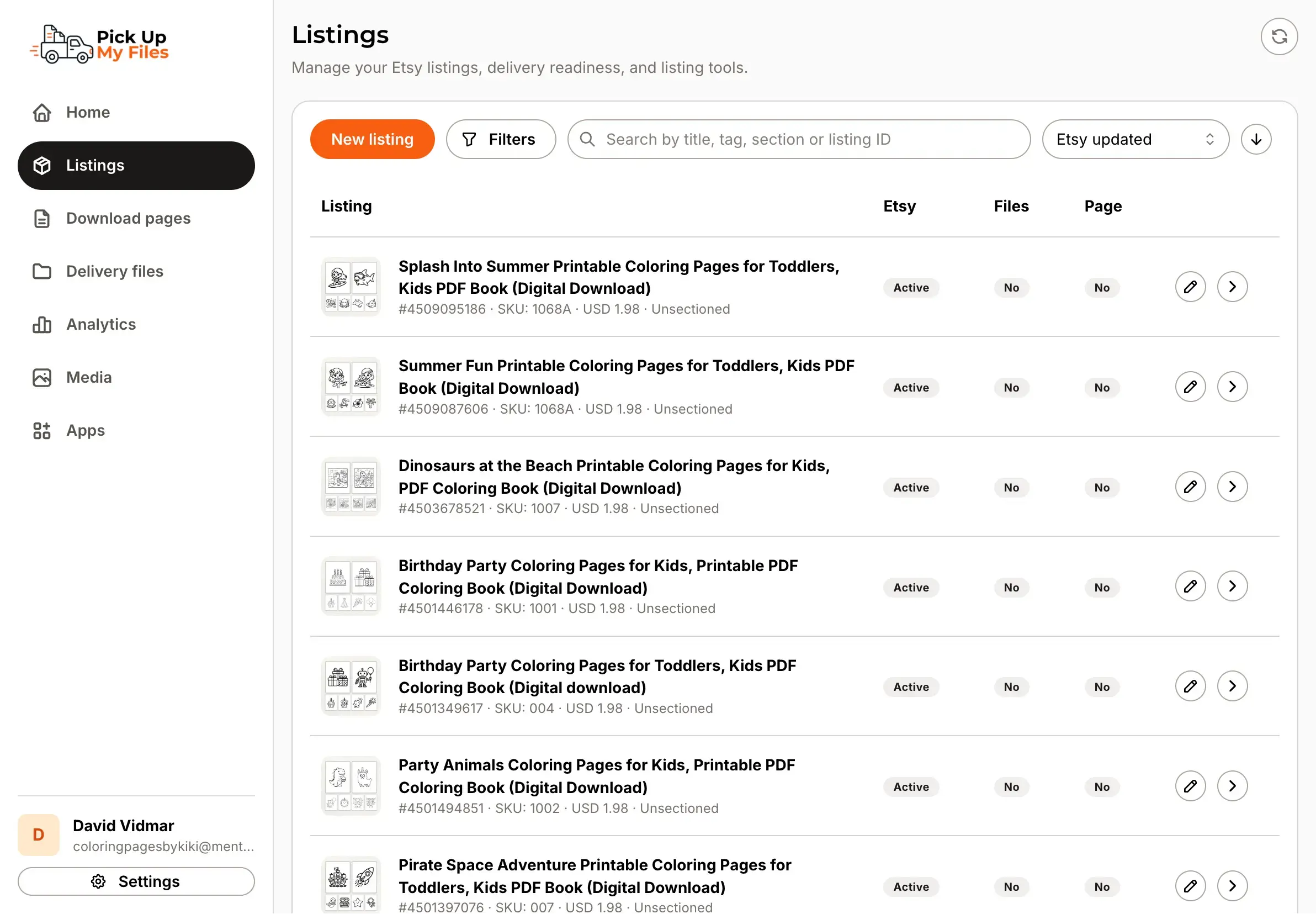 Pick Up My Files Listings screen